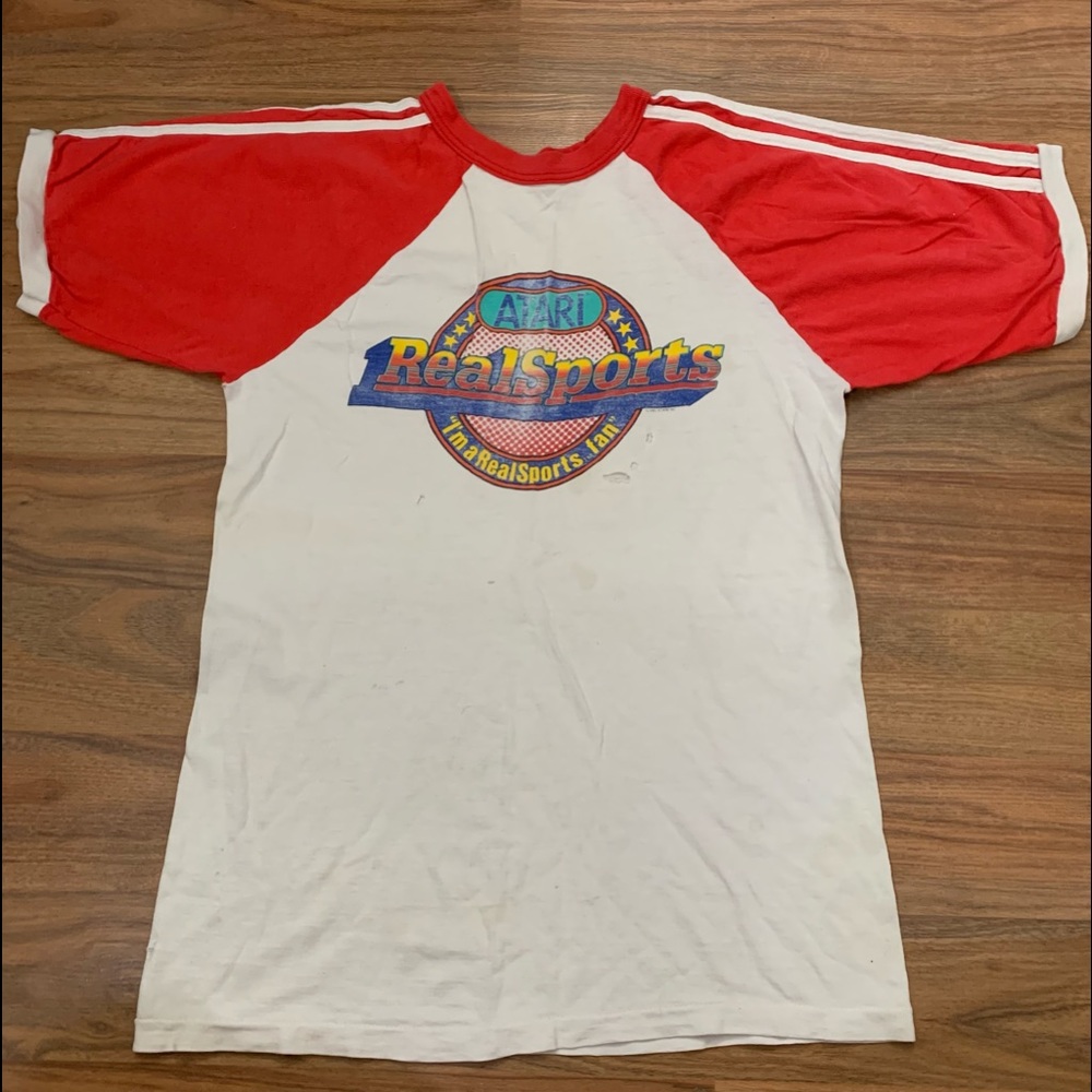 Vintage 1982 Atari Real Sports 2600 Game Promo Ringer Shirt Mediun Red White